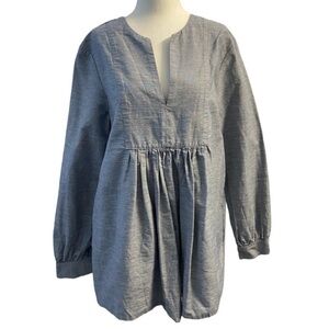 CO Blue White Cotton Linen Long Sleeve Blouse Size L Pit 20.5 Deep V Neck
